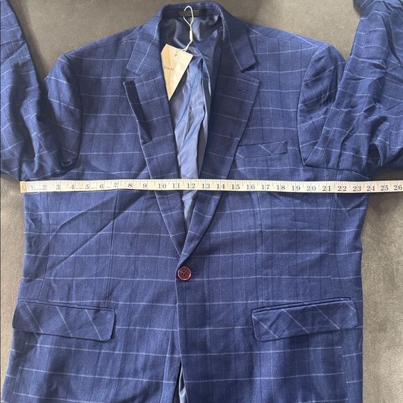 Men’s Blue Plaid 3 Piece Slim Fit Suit Notched Lapel Jacket 44 Pants 40 NEW - Picture 8 of 16